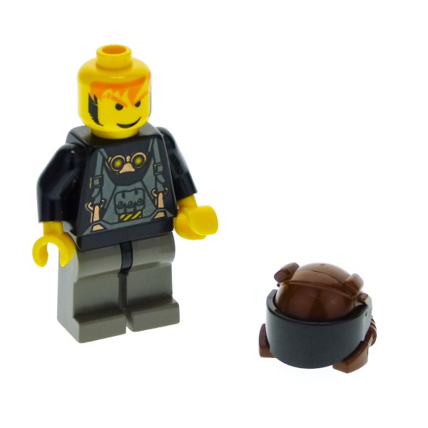 1 x Lego System Figur Rock Raiders Mann Axel Torso schwarz bedruckt mit Overall Brille Helm Atemschutz Scheinwerfern braun Visier schwarz rck008