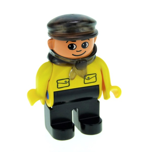 1x Lego Duplo Figur Mann schwarz Intelli Lokführer Jacke gelb Zug 4555pb052