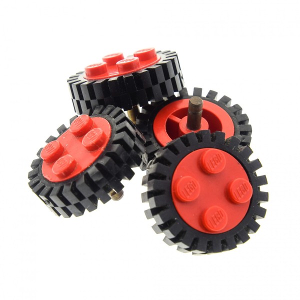 4 x Lego System Rad Felge rot old 2x2 Noppen Räder Reifen schwarz mit Profil Pin Achse Metall gelb Auto Anhänger Zug (7039 / 3483) 7039c03