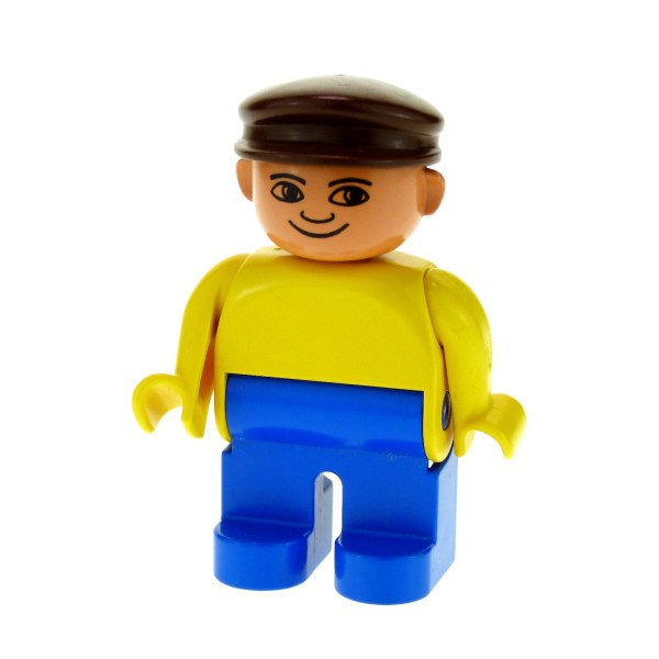 1x Lego Duplo Figur Mann blau Oberteil gelb Mütze Hut braun 4555pb086a