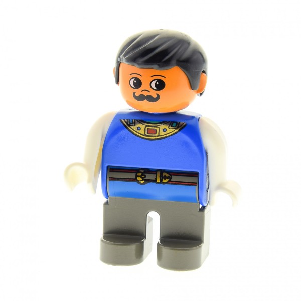 1 x Lego Duplo Figur Mann Prinz König Hose alt-dunkel grau Top blau weiss Halskette Gürtel Schnurrbart schwarz Theater Set 9131 3615 4555pb054