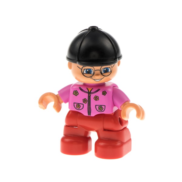 1x Lego Duplo Figur Kind Mädchen rot pink Blumen Brille Reiterin 4690 47205pb005