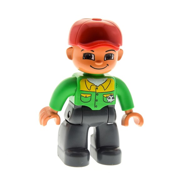 1 x Lego Duplo Figur Mann Vater Hose neu-dunkel grau Hemd bright hell grün Einstecktuch Basecap rot LKW Fahrer Mechaniker (lächeln Mund zu) 47394pb059