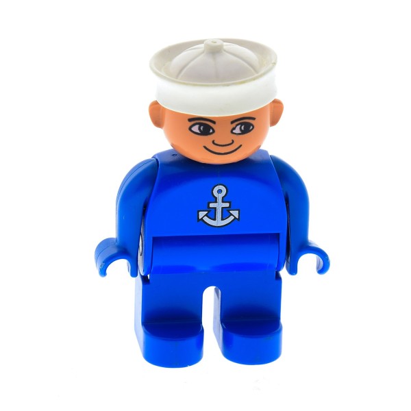 1x Lego Duplo Figur Mann Seemann blau Anker weiß Matrosen Mütze Hut 4555pb157
