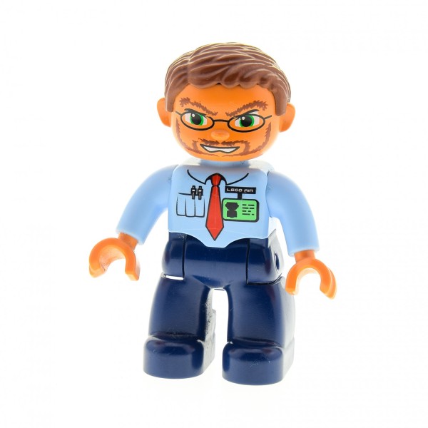 1x Lego Duplo Figur Mann dunkel blau Flughafen Pilot Ausweis Brille 47394pb044