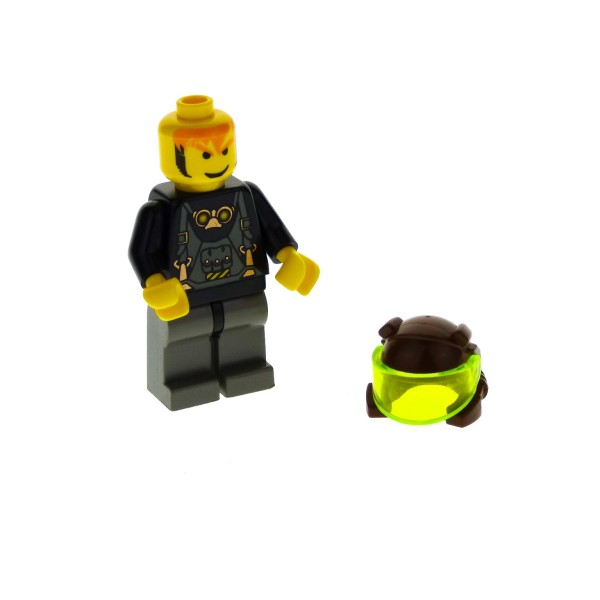 1 x Lego System Figur Rock Raiders Mann Axel Torso schwarz bedruckt mit Overall Brille Helm Atemschutz und Scheinwerfern braun Visier rck001
