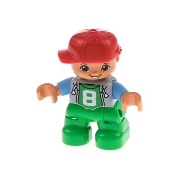 1x Lego Duplo Figur Kind Junge hell grün Jacke grau 8 Aufdruck Mütze 47205pb043a