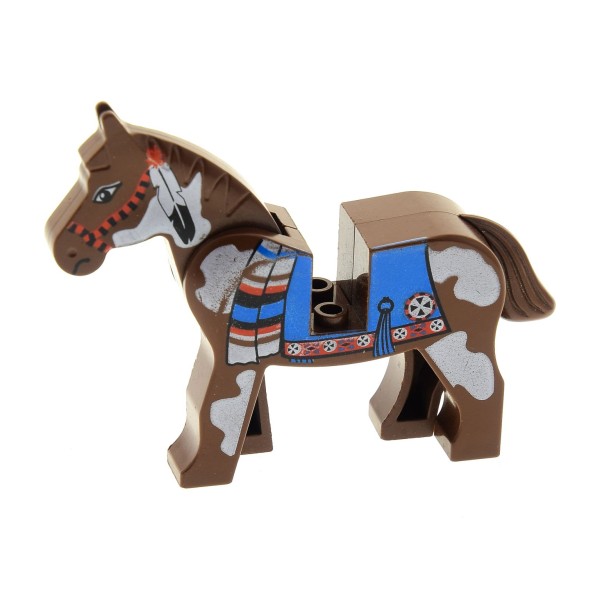 1x Lego Tier Pferd B-Ware abgenutzt braun weiß gemustert Schabracke 4493c01px2