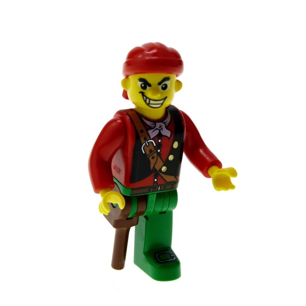 1 x Lego System Figur 4 Juniors Pirat Mann Matrose Cannonball Jimmy Körper rot grün Holzbein Piraten Kopftuch Bandana rot 7082 7074 4j011