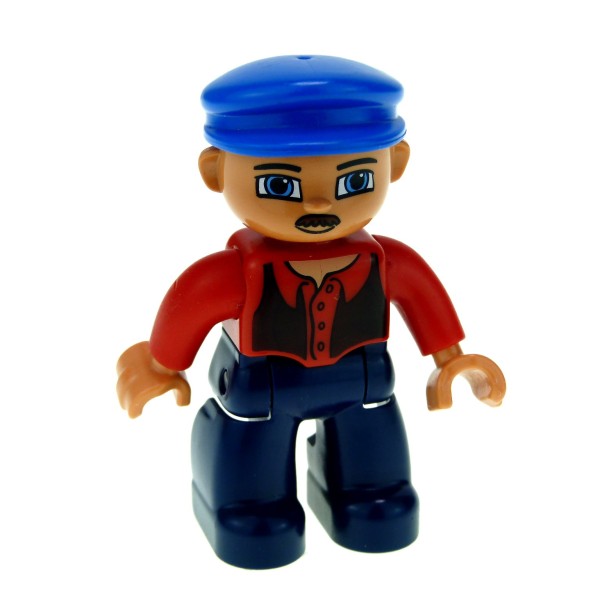 1x Lego Duplo Figur Mann dunkel blau rot Bauarbeiter Mütze blau 47394pb062a