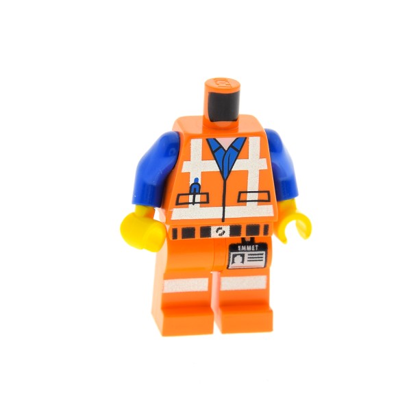 1 x Lego brick Minifigs The LEGO Movie Emmet - Orange Torso Safety Vest with Reflective Crossed Stripes over Blue Shirt Pattern orange Legs with Belt and 'EMMET' Name Tag Pattern for tlm087 tlmpresskit 970c00pb282 973pb1561c01
