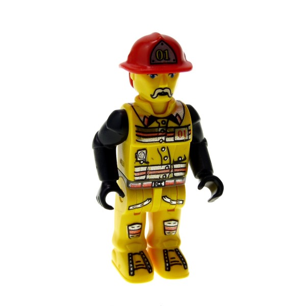 1 x Lego System 4 Juniors Figur Jack Stone Feuerwehr Mann Nr 1 Jacke gelb schwarz Helm rot #01 (Flamme Rückseite) 4609 4601 4621 4657 js001