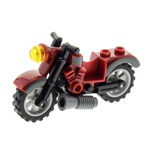 1 x Lego System Motorrad Vintage dunkel rot mit neu-dunkel grau Zierleiste komplett mit Licht und Ständer 9464 60026 7306 4613117 85983pb02c01