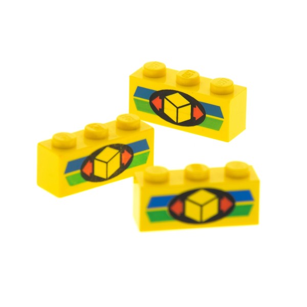 3 x Lego System Bau Stein gelb 1x3 bedruckt mit Fracht Zeichen Paket Streifen blau grün Pfeile rot Set 6325 6330 3622pb008
