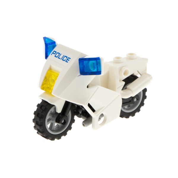 1x Lego Motorrad weiß Scheinwerfer Police Räder grau mit Ständer 52035c02pb15