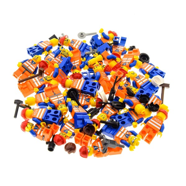 5 x Lego System City Mini Figuren Figur Torso orange bedruckt Eisenbahn Bau Arbeiter Weste Logo mit Zubehör Kopfbedeckung zufällig gemischt 
