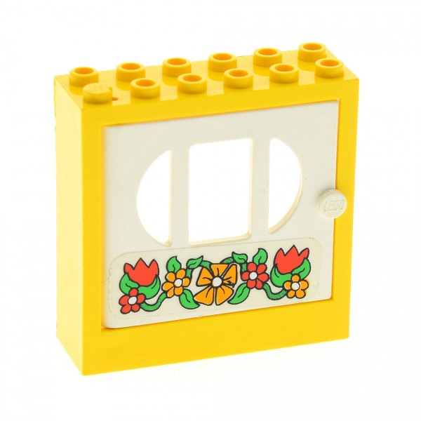 1 x Lego System Fabuland Fenster Wand gelb 2 x 6 x 5 Tür gelb mit Gitter Stäben Sticker Blumen Window 3635 x610c02px2