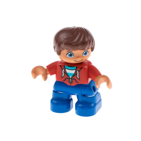 1x Lego Duplo Figur Kind Junge blau Jacke rot Shirt gestreift Haare 47205pb056