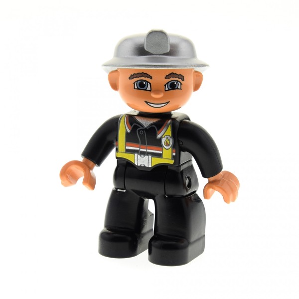 1x Lego Duplo Figur Mann B-Ware abgenutzt Jacke schwarz Helm silber 47394pb077