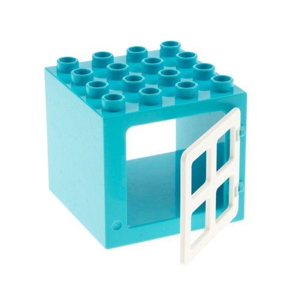1x Lego Duplo Fenster Tür Würfel 4x4x3 medium blau 4 Scheiben weiß 90265 11345