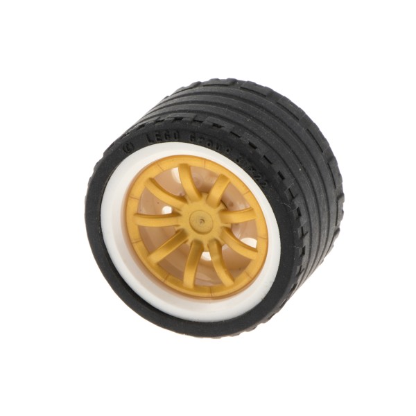 1 x Lego brick white Wheel 30.4mm D. x 20mm with No Pin Holes and Reinforced Rim with Black Tire 37 x 22 ZR with Pearl Gold Wheel Cover 9 Spoke - 24mm D. 62701 55978 56145c03