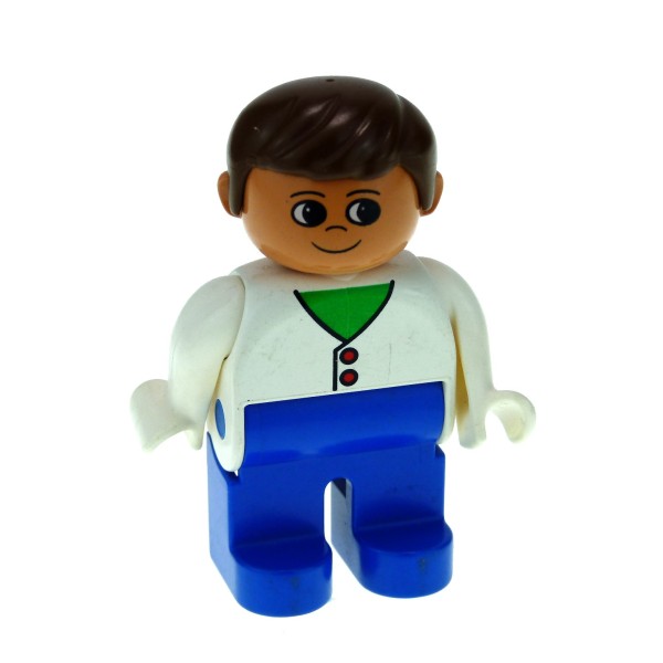 1x Lego Duplo Figur Mann blau Jacke weiß mit 2 Knöpfen Haare braun 4555pb033