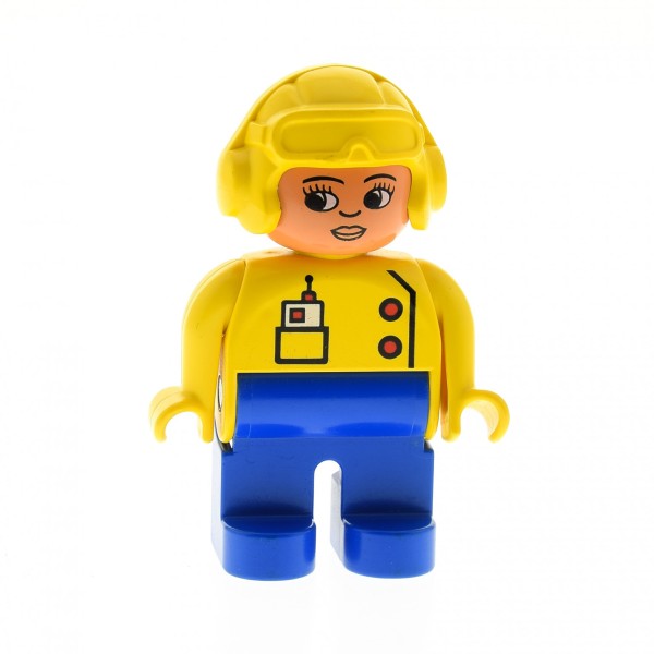 1x Lego Duplo Figur Frau blau Pilotin Flieger Mütze gelb volle Lippen 4555pb107