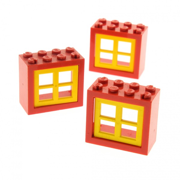 3x Lego Fenster Rahmen rot 2x4x3 Scheibe Gitter Fensterkreuz gelb 4133 4132c02