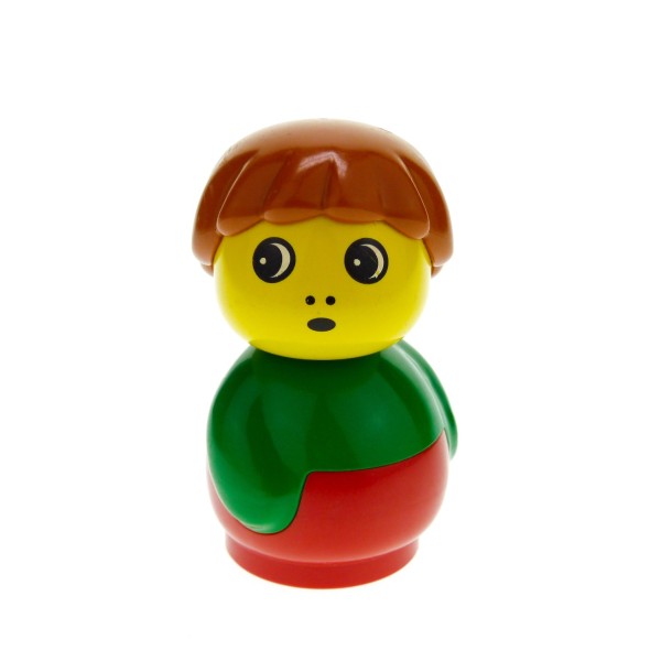 1x Lego Duplo Primo Figur Junge rot Oberteil grün Haare dunkel orange baby005