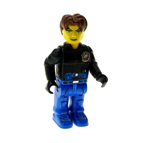 1 x Lego System Figur 4 Juniors Jack Stone Mann Jacke schwarz Police Hose blau Haare braun 4604 4655 js028