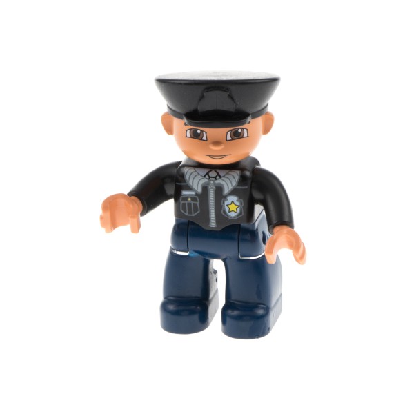 1x Lego Duplo Figur Mann dunkel blau Polizist Hemd schwarz Marke 47394pb016