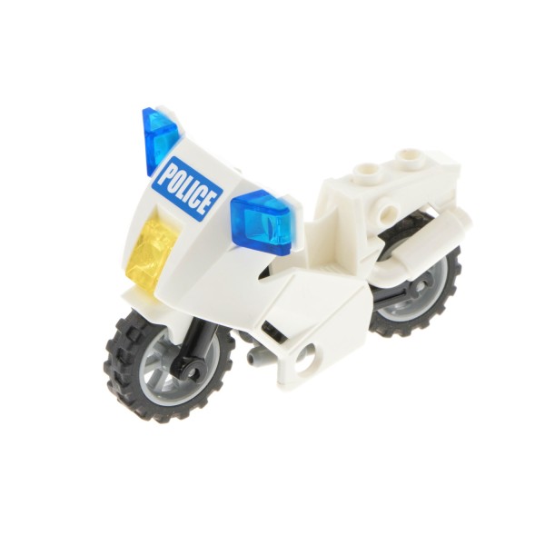 1x Lego Motorrad weiß Sticker Police blau Räder grau Ständer 52035c01pb02