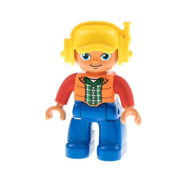 1x Lego Duplo Figur Mann blau Weste orange Augen blau oval Helm gelb 47394pb231a
