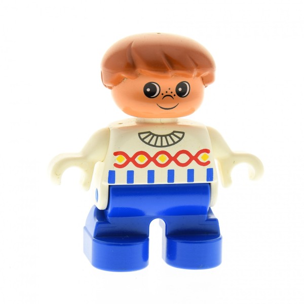 1 x Lego Duplo Figur Kind B-Ware abgenutzt Junge Type 2 Hose blau Pullover creme weiß mit Strick Muster Haare dunkel hell braun 6453pb018