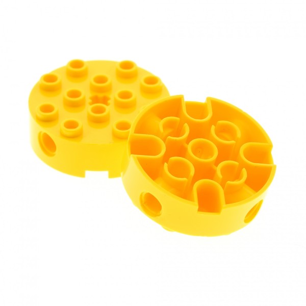 2x Lego Rund Stein 4x4x1 gelb 4 Pin Löchern Achs Loch 4124174 6222