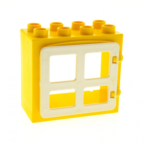 1 x Lego Duplo Haus Fenster Tür Rahmen gelb angehobener Türumriss Clip Halter 2x4x3 Klappe 4 Scheiben eckig weiss ohne Clip 2206 2332b