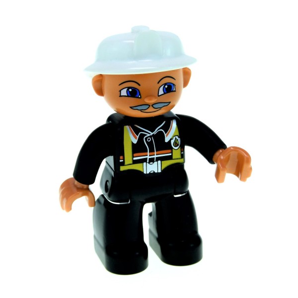 1x Lego Duplo Figur Mann schwarz Augen blau Schnurrbart Feuerwehr 47394pb061