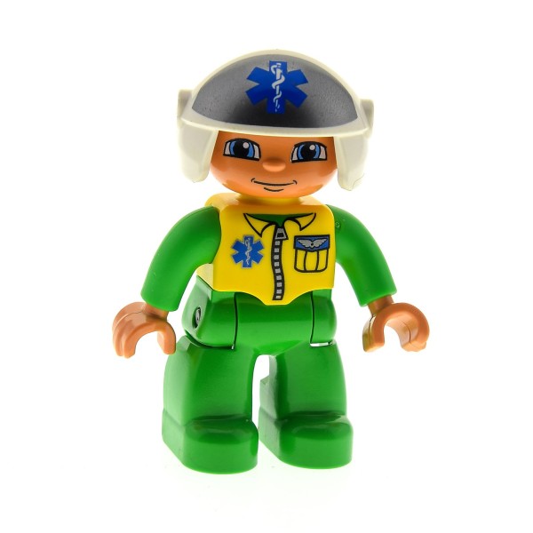 1x Lego Duplo Figur Mann hell grün Sanitäter Pilot Jacke gelb Helm 47394pb142