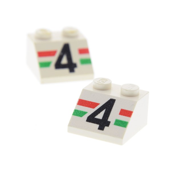 2 x Lego System Dachstein weiss 45° 2 x 2 bedruckt Nummer 4 Streifen rot grün schräg Steine 3039pb006