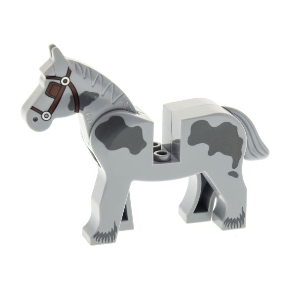 1x Lego Tier Pferd neu-hell grau Augen grau Flecken weiß Sattel 93083c01pb09 