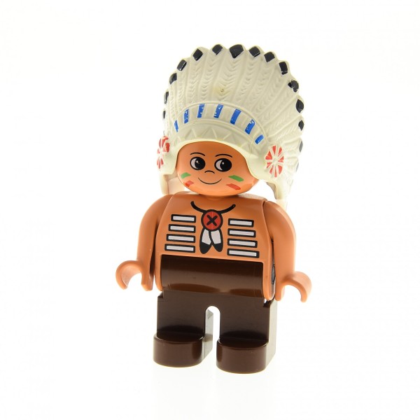 1x Lego Duplo Figur Mann braun Indianer Häuptling Feder Kopf Schmuck 4555pb080