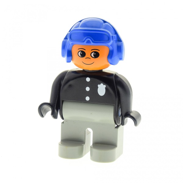 1x Lego Duplo Figur Mann Polizist alt-hell grau schwarz Marke Mütze 4555pb063