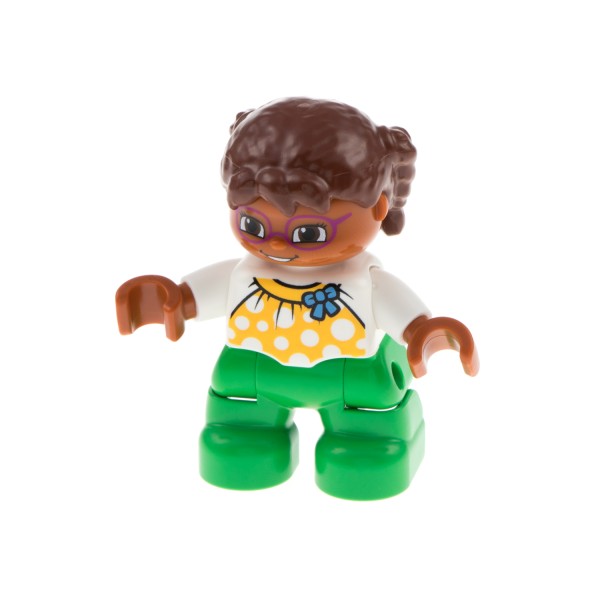 1x Lego Duplo Figur Kind Mädchen grün Top weiß gelb Schleife Brille 47205pb039