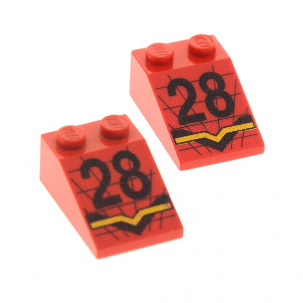 2 x Lego System Dachstein rot 33° 3x2 bedruckt mit Nummer 28 Dachziegel schräg Steine für Set 8808 3298pb021