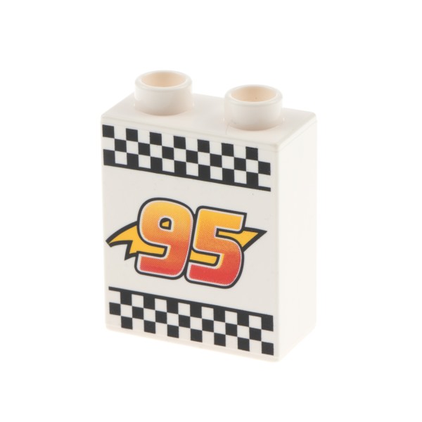 1x Lego Duplo Motivstein 1x2x2 weiß bedruckt Blitz Nr. 95 kariert Cars 4066pb411