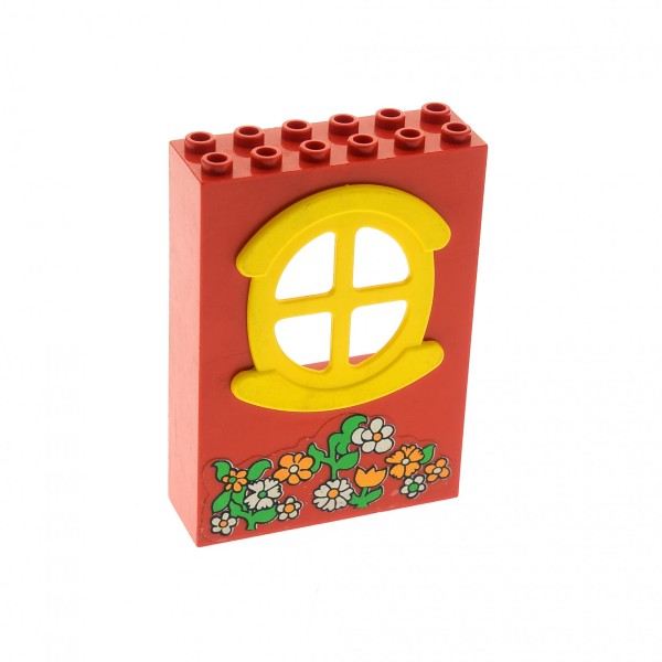 1 x Lego System Fabuland Fenster Wand rot gelb 2 x 6 x 7 rundes symmetrische Fensterkreuz Sticker Blumen Haus Gebäude Window Set 3665 x635c02pb01
