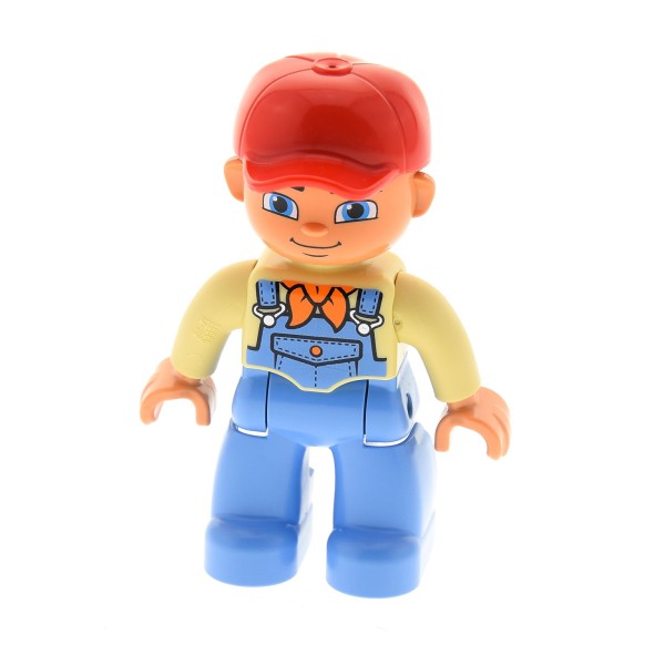 1x Lego Duplo Figur Mann hell blau Latzhose beige Mütze rot 45007 47394pb167