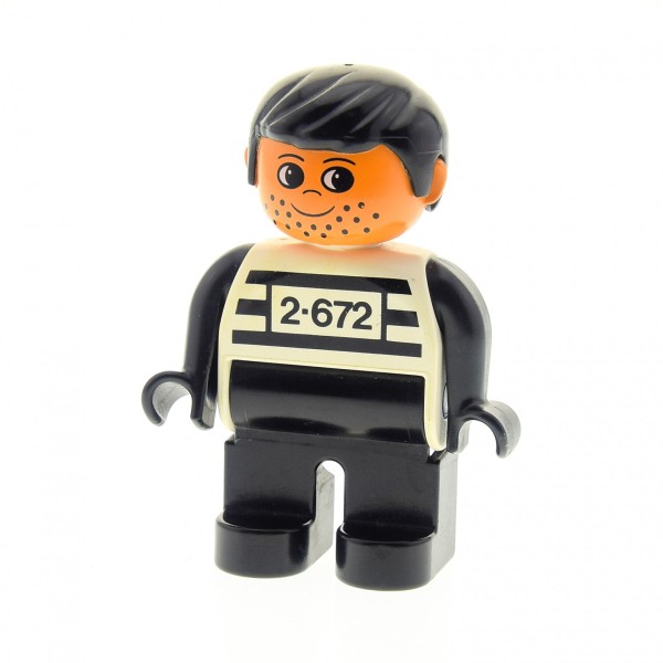 1x Lego Duplo Figur Mann schwarz weiß Sträfling 2-672 Gefängnis 4555pb053