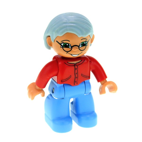1x Lego Duplo Figur Frau hell blau Jacke rot Brille Haare grau Oma 47394pb123