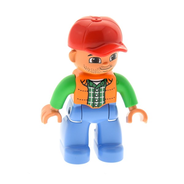 1x Lego Duplo Figur Mann hell blau Weste orange grün Basecap rot 47394pb166